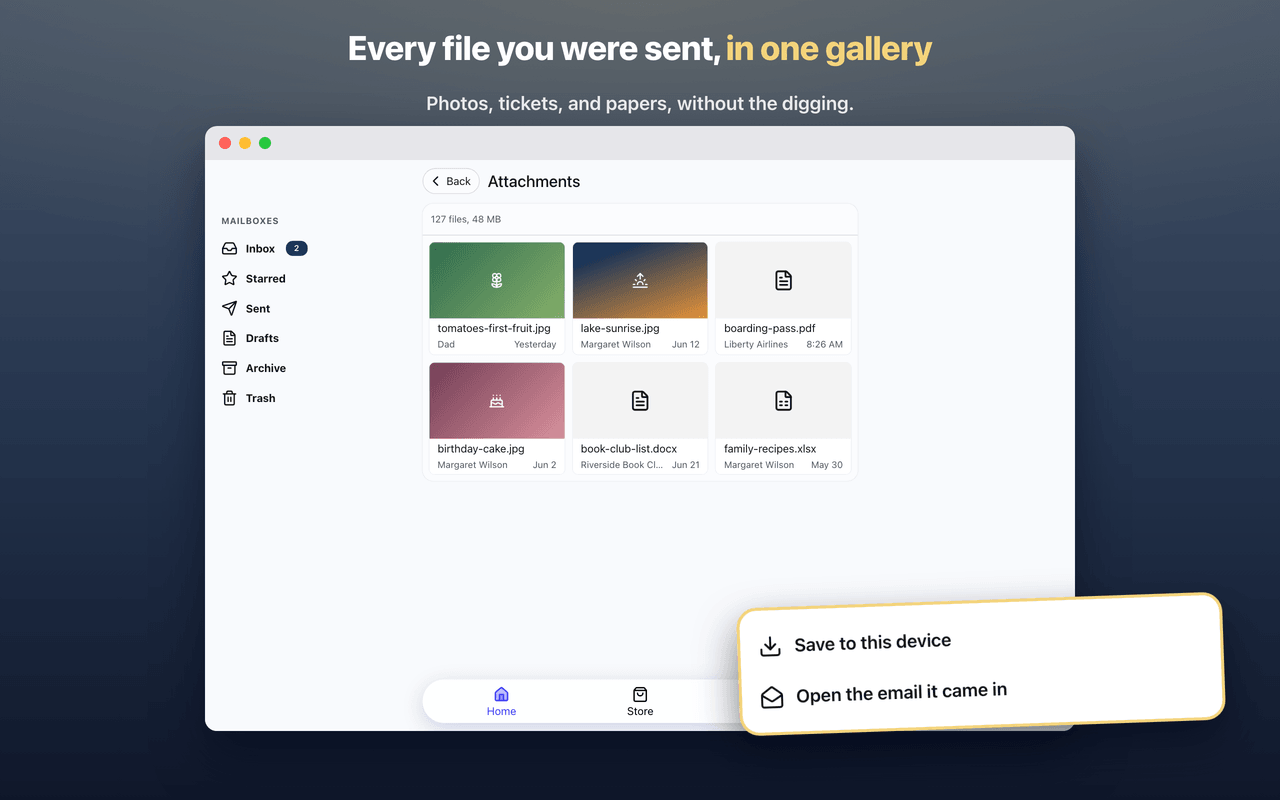 The new Attachments gallery in Patriot Mail, with photo thumbnails and named documents in a grid, each tile showing who sent the file and when