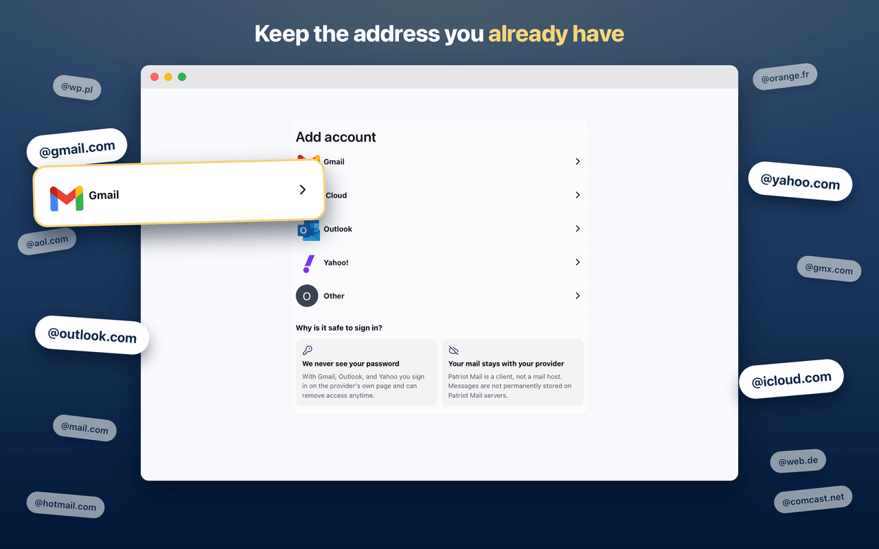 The add-account screen with one-tap sign-in for Yahoo, Gmail, Outlook, and AOL, and a field for any other email address