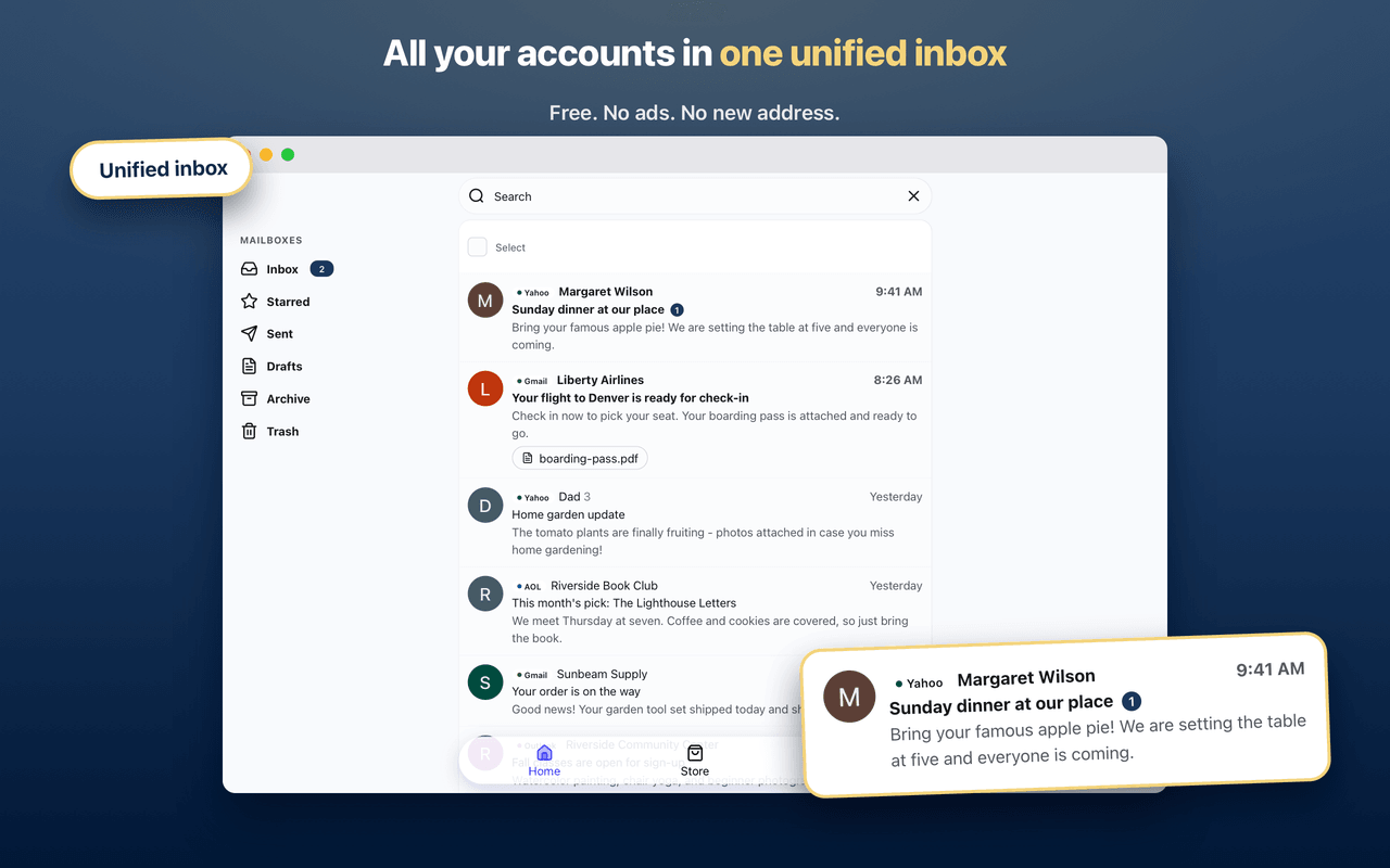 The Patriot Mail inbox with mail from Yahoo, Gmail, and AOL accounts together in one list, the mailbox panel on the left, and a new-mail notification in the corner