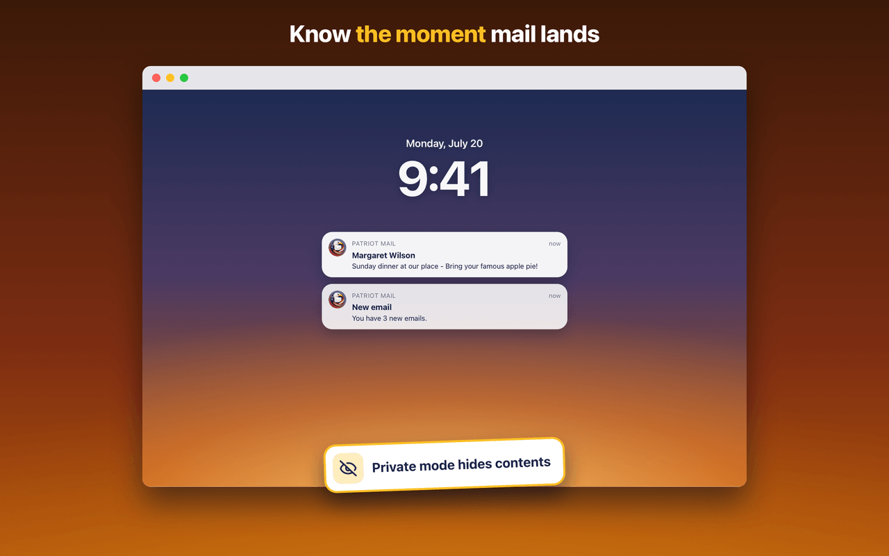 A lock screen notification showing a new email from Margaret Wilson, with a setting that can hide the sender and subject from the lock screen