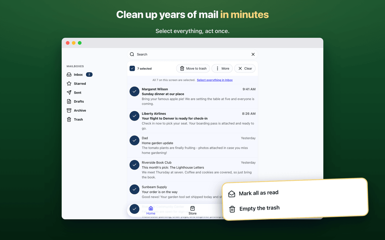 Every message in the inbox selected at once, with a toolbar offering to move them all to the trash and a banner offering to select everything in the mailbox