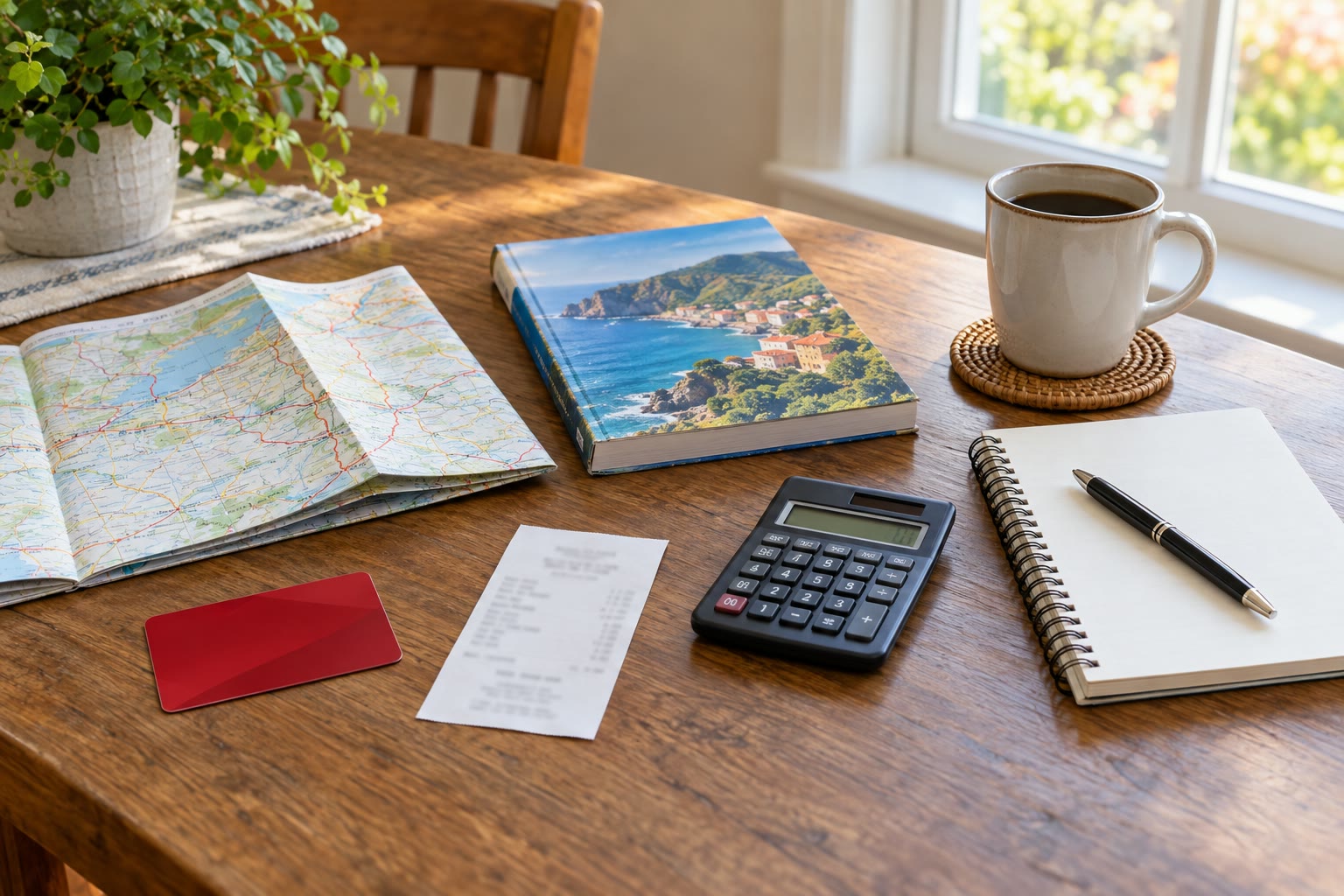 An unbranded membership card beside a road map, travel guide, calculator, receipt, and planning notebook