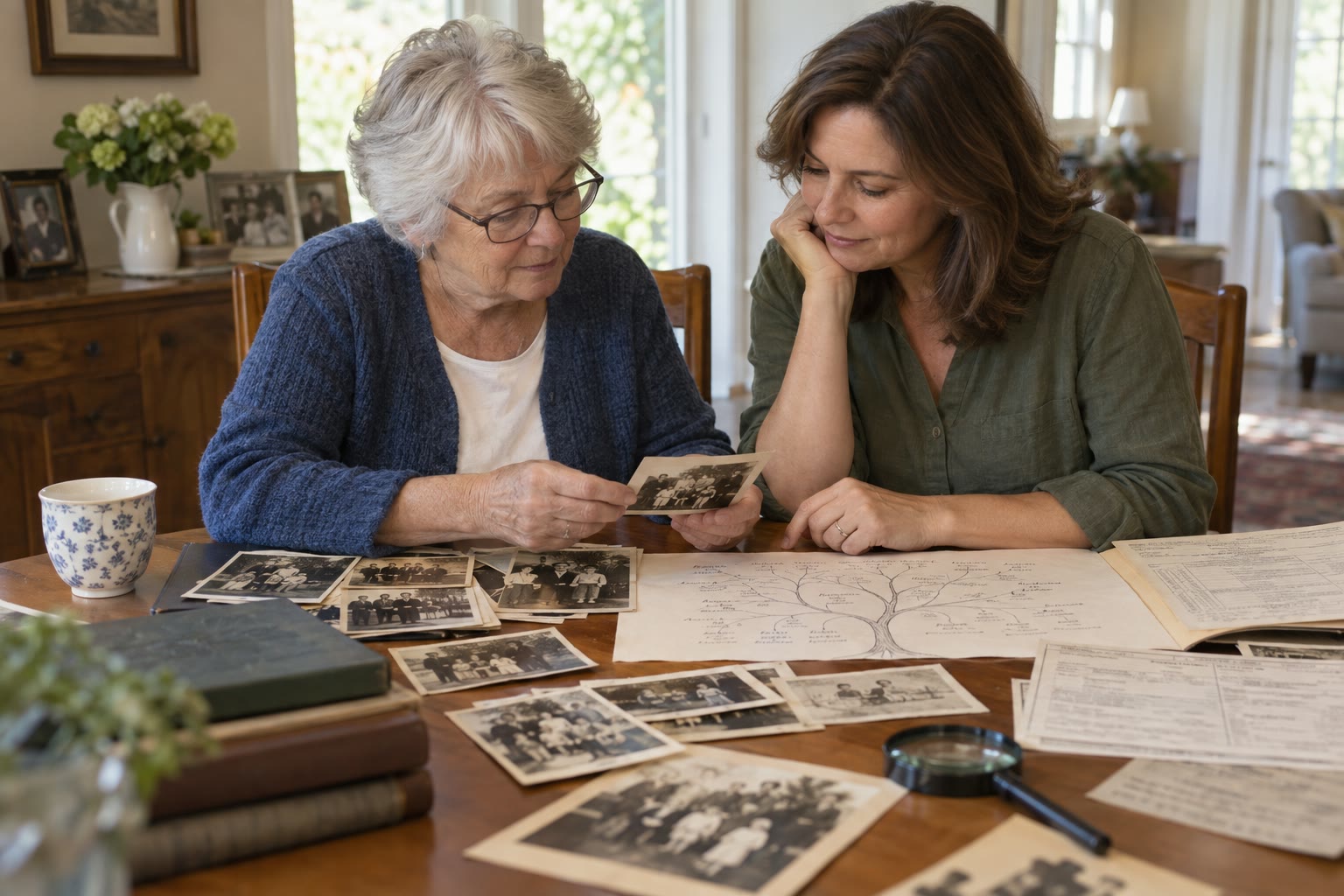 Two adults comparing old family photographs, a family tree, and historical records