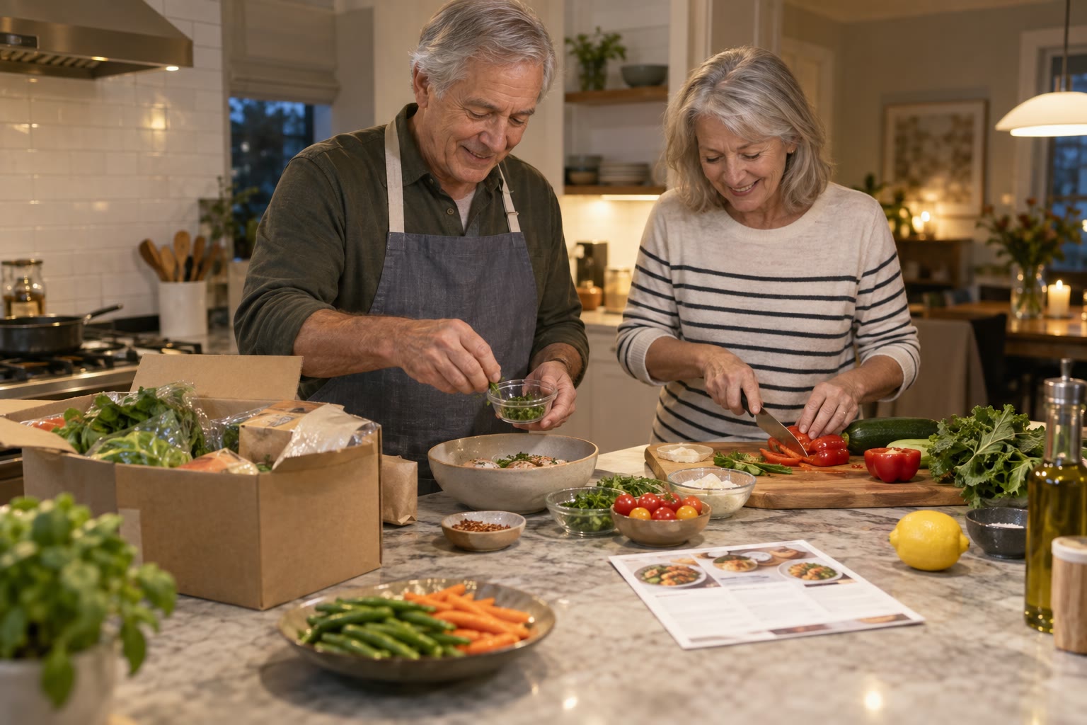 Two older adults cooking dinner with an unbranded meal kit and measured ingredients