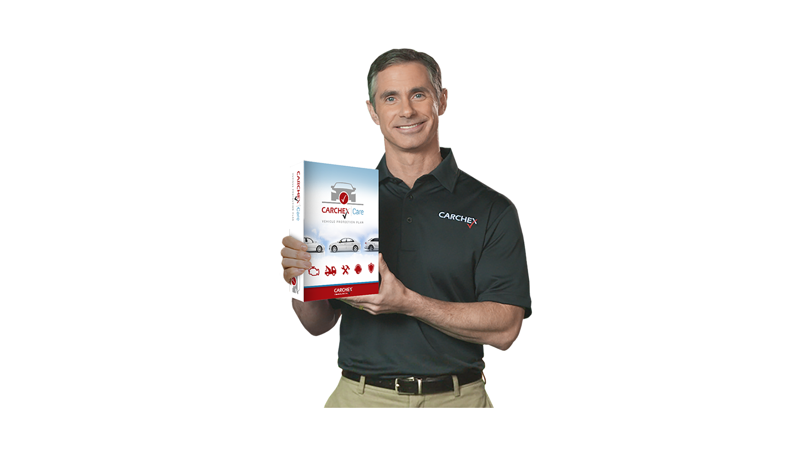 CARCHEX brand spokesman holding the Carchex Care vehicle protection brochure