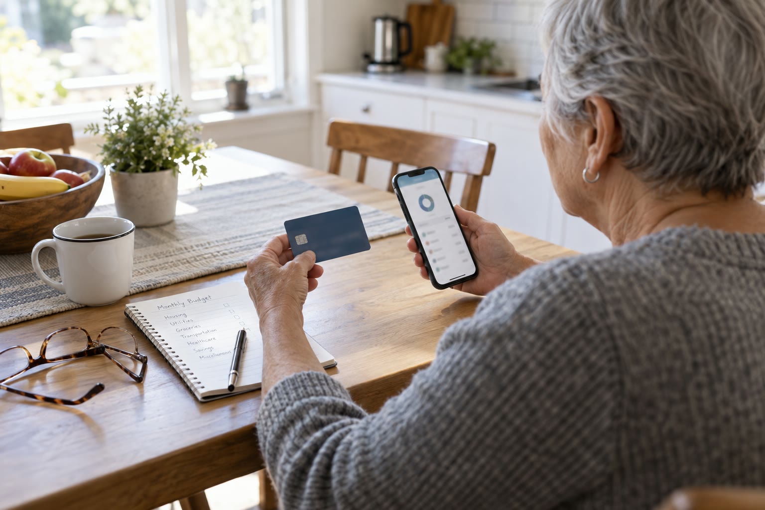 An older adult reviewing an unbranded mobile account and debit card beside a paper budget