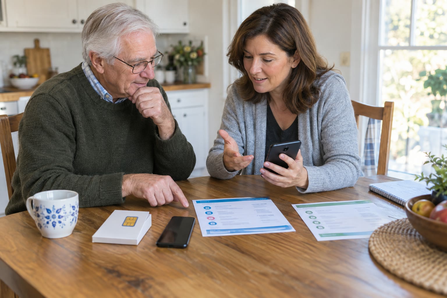 Two adults comparing unbranded phone plans beside a phone and SIM card