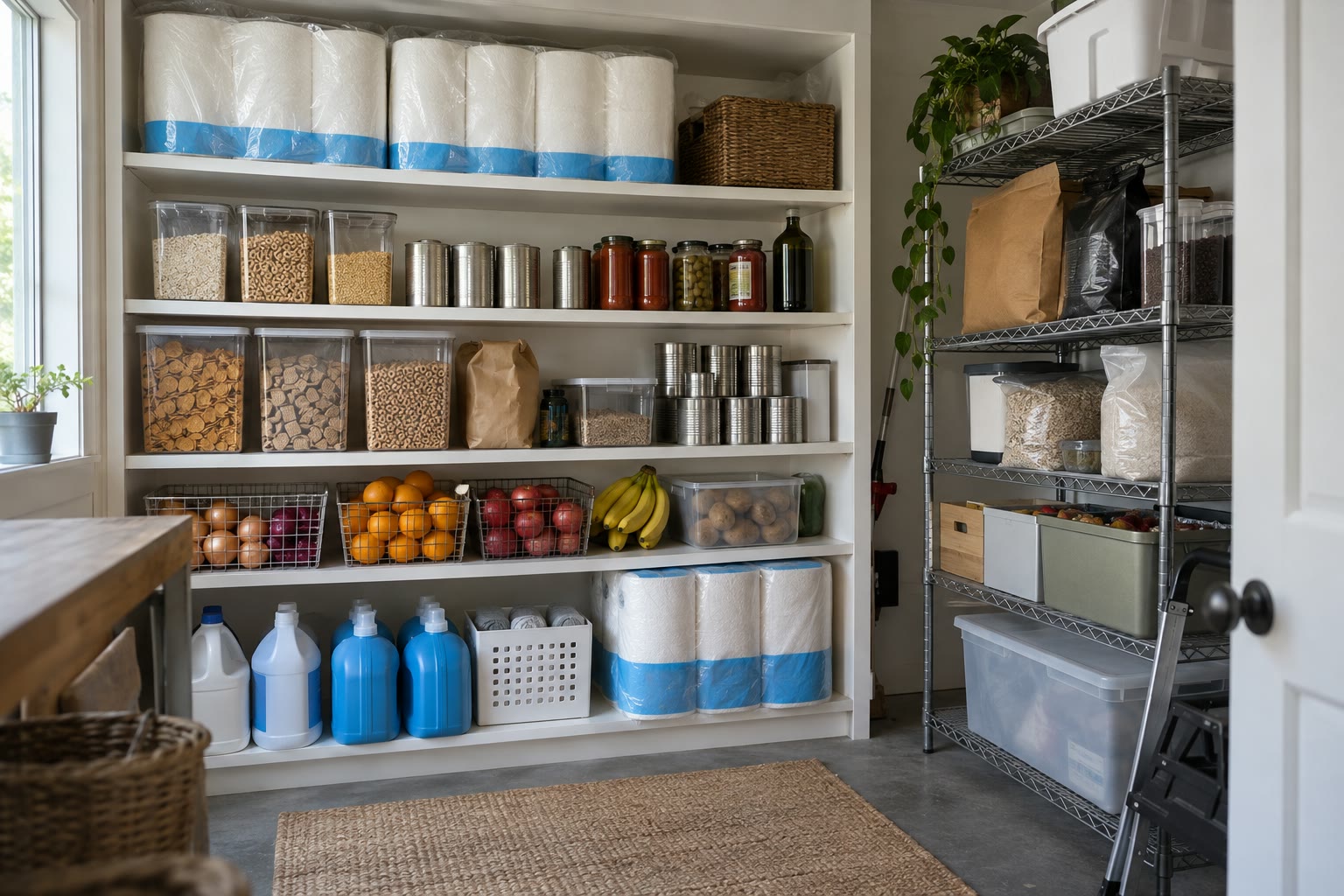 A home pantry stocked with unbranded bulk groceries, paper goods, and household supplies