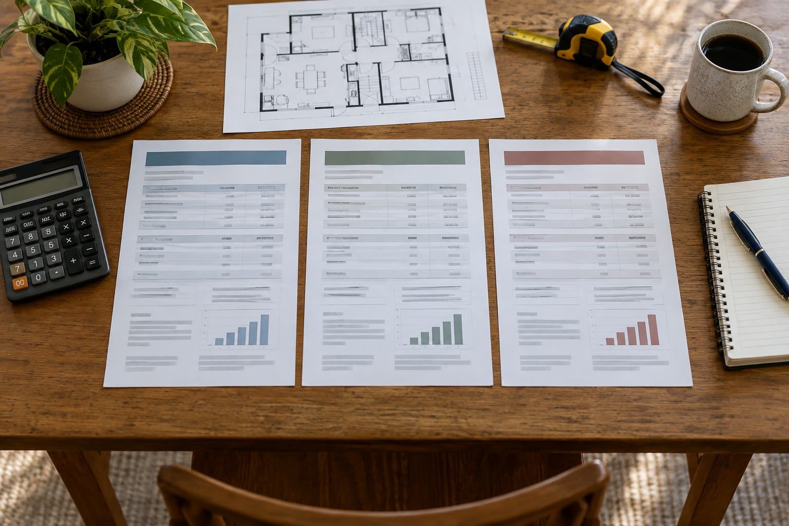 Three unbranded loan estimates arranged beside a calculator, floor plan, tape measure, and notebook