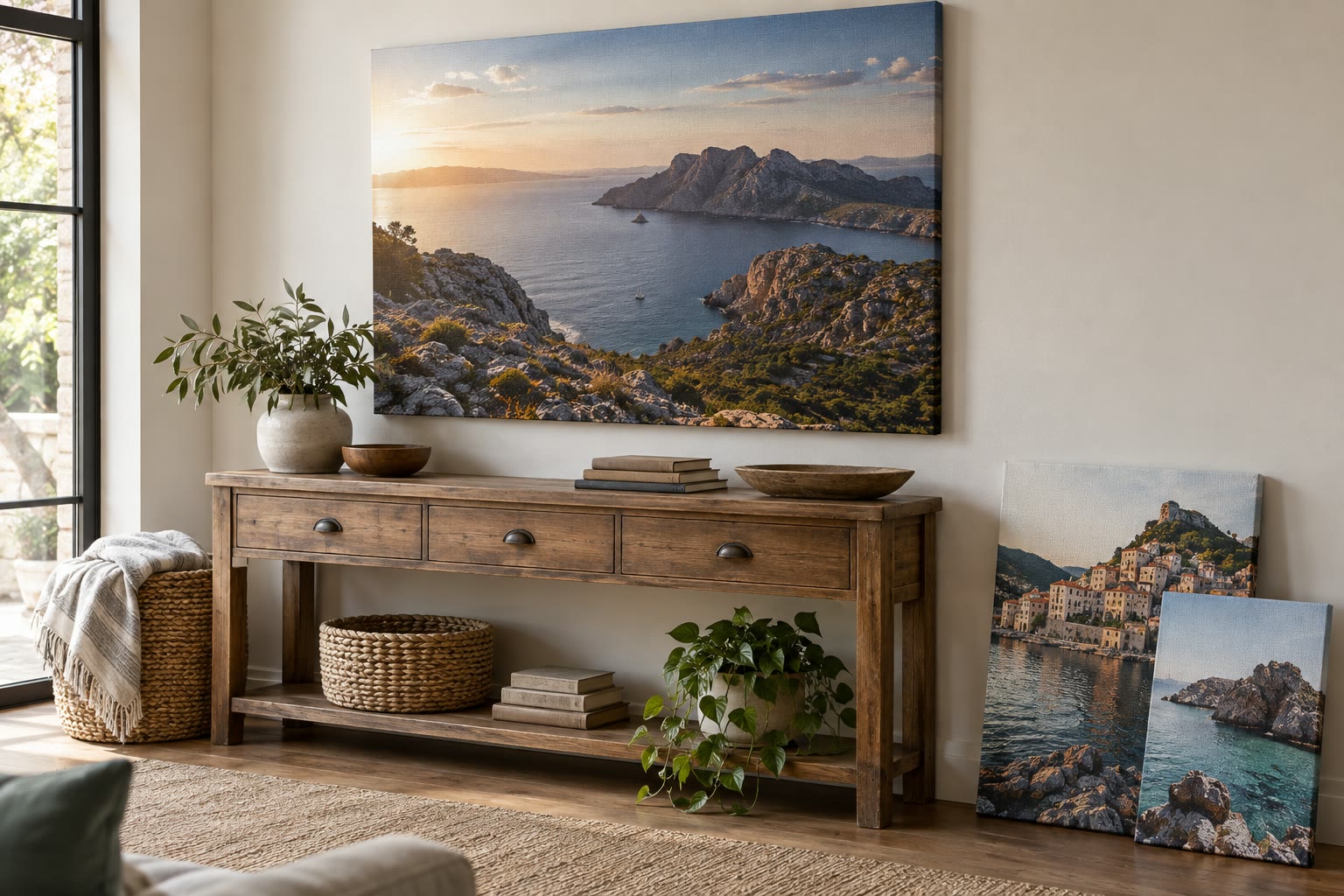 A large travel photo printed on canvas in a home, with two smaller canvas prints nearby