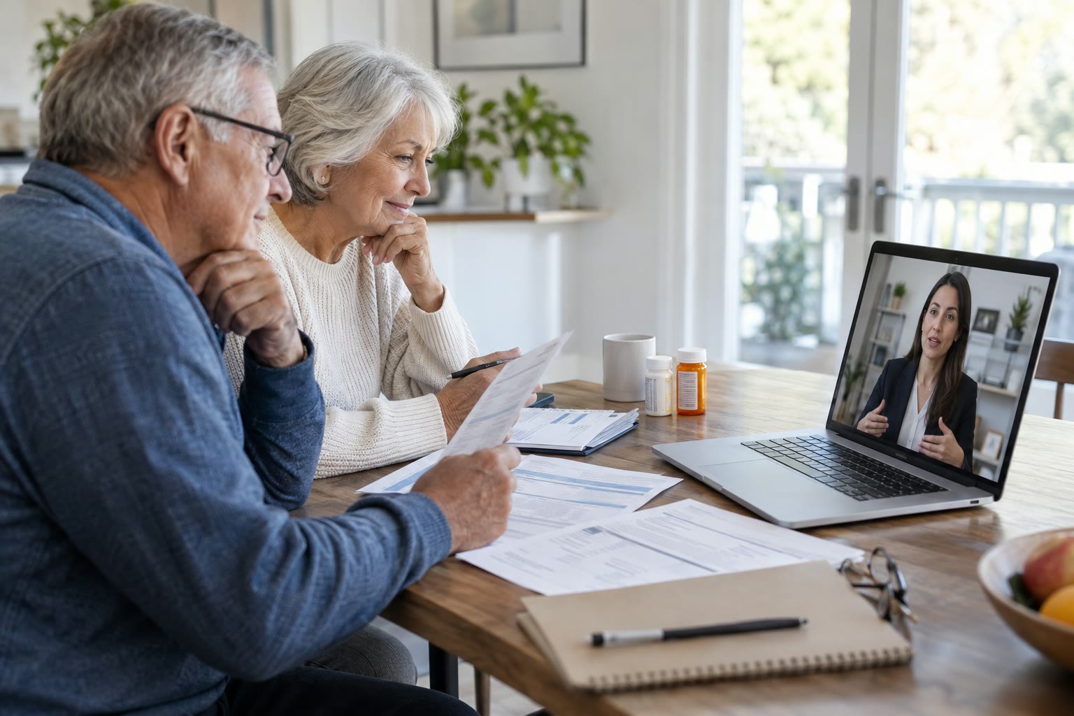 Two older adults comparing health plan papers while speaking with an agent by video