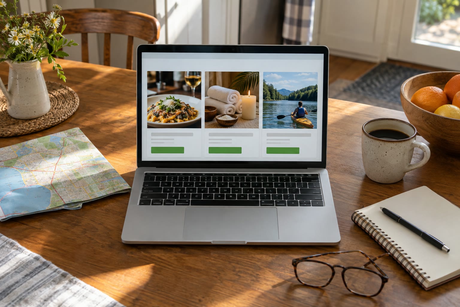 A laptop showing restaurant, spa, and kayaking deal cards beside a local map and notebook