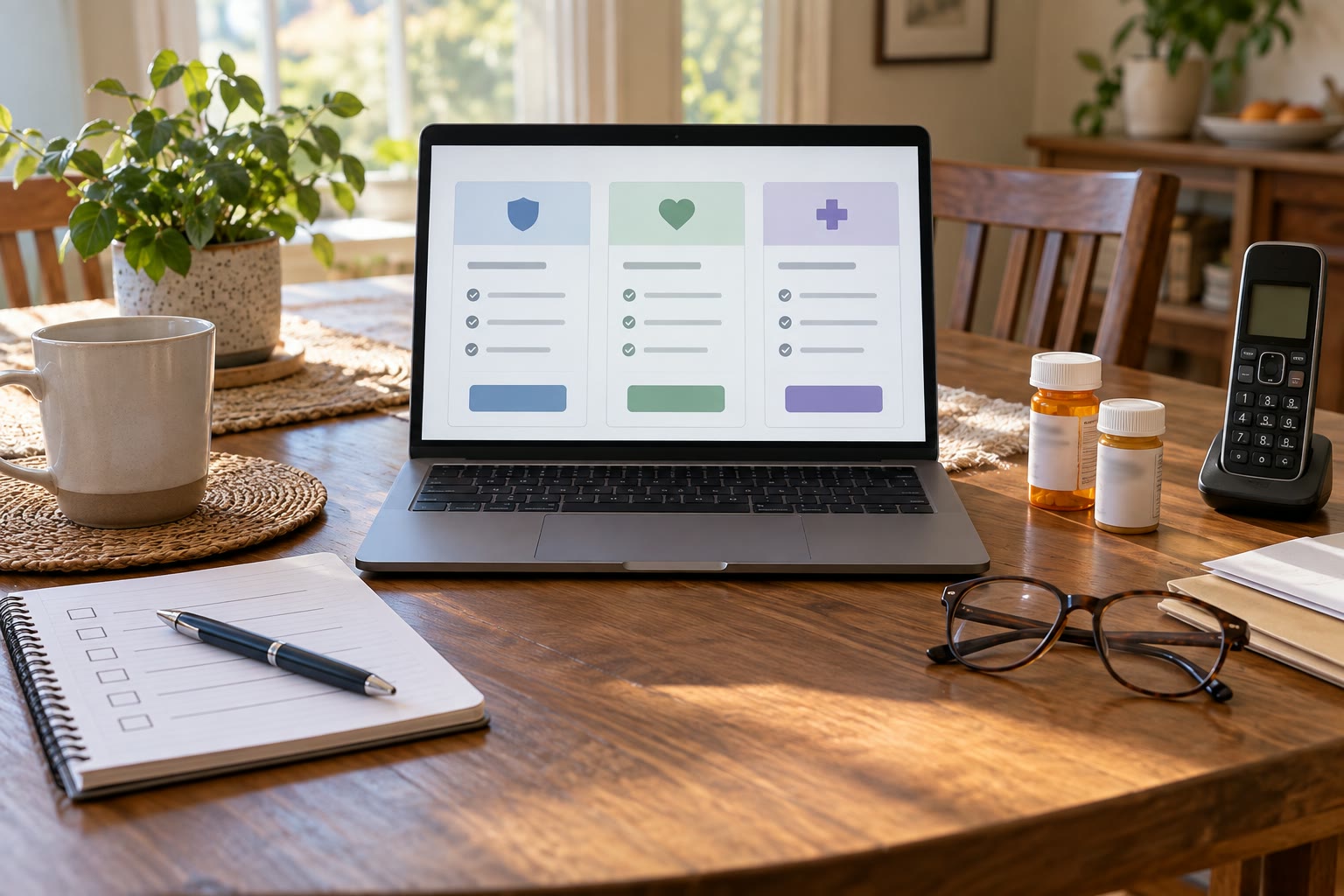 An unbranded laptop comparing three health plan choices beside a checklist, medicine bottles, glasses, and a phone