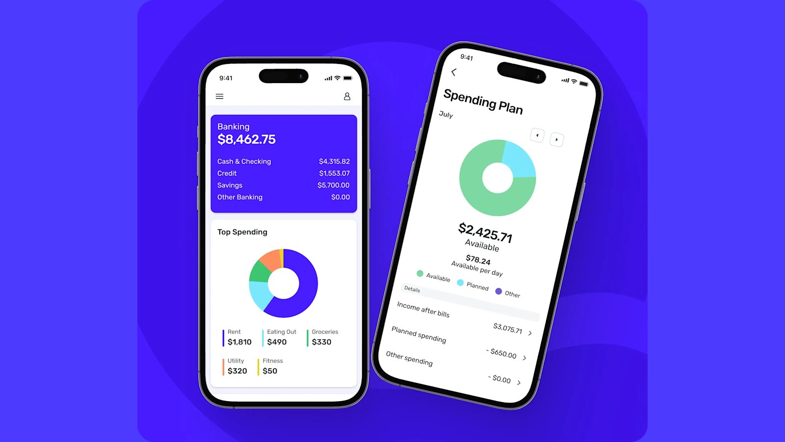 Quicken Simplifi banking balance and spending plan screens on two phones