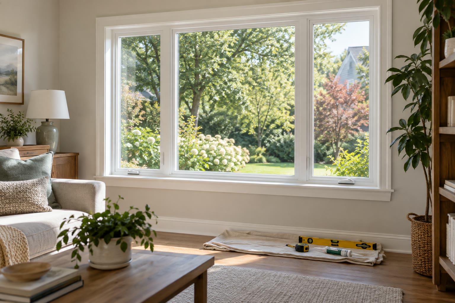 A newly installed picture window with a drop cloth, level, tape measure, and sealant arranged below it