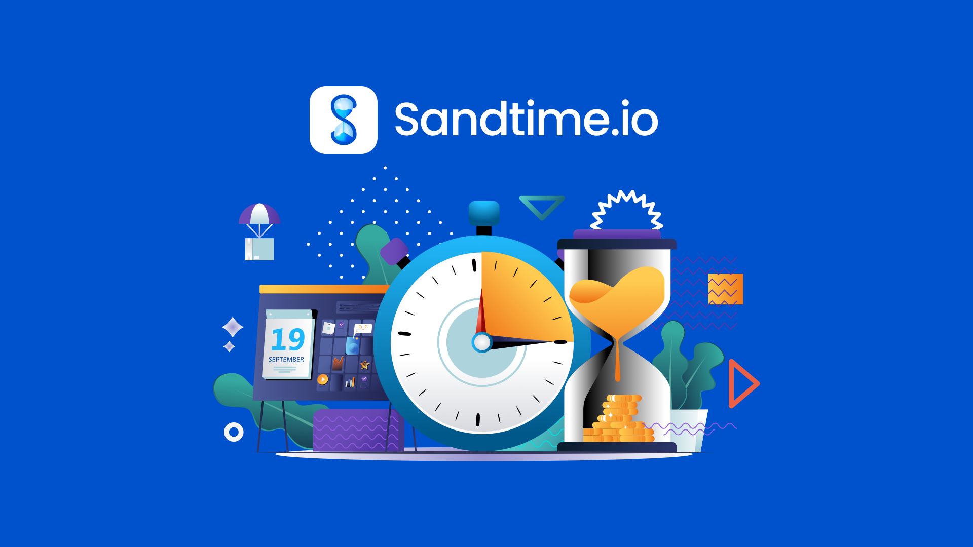 The Sandtime.io dashboard showing a live timer, weekly goal progress, and hours worked this month