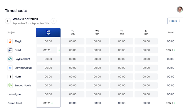 A weekly Sandtime.io timesheet grid showing hours logged across projects