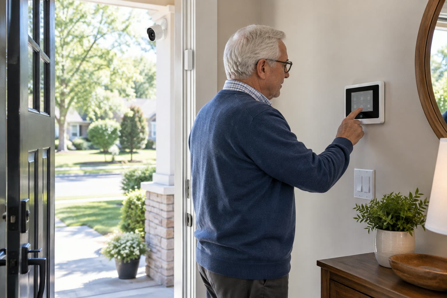 An older adult using an unbranded home security panel near a front door, door sensor, and camera